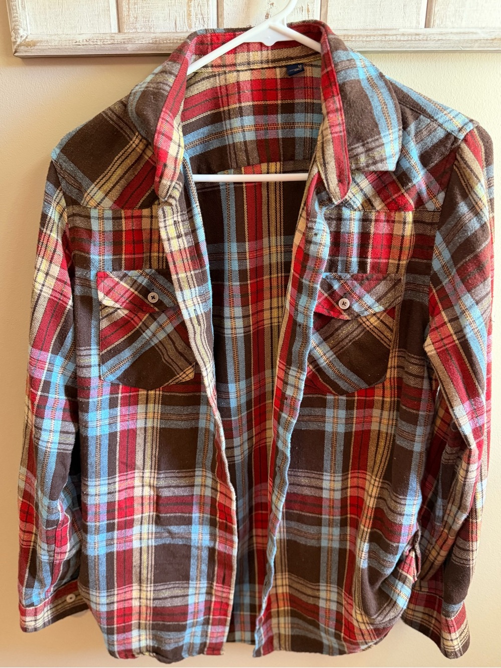 Plaid Button-Front Flannel Shirt in Brown, Red, Light Blue